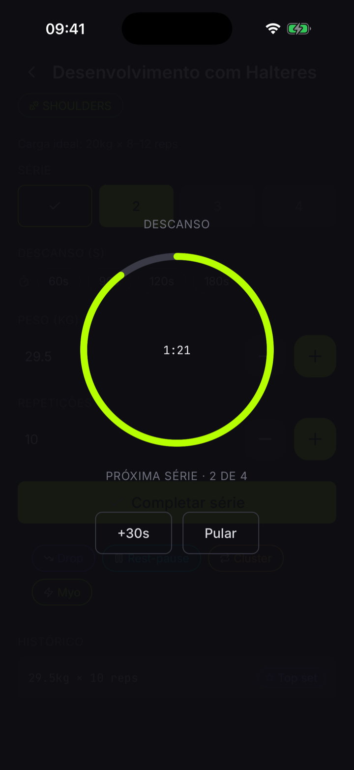 Tela Log Treino do Aesth mostrando supino com drop-set, duas séries preenchidas, próxima destacada em lime e timer de descanso rodando